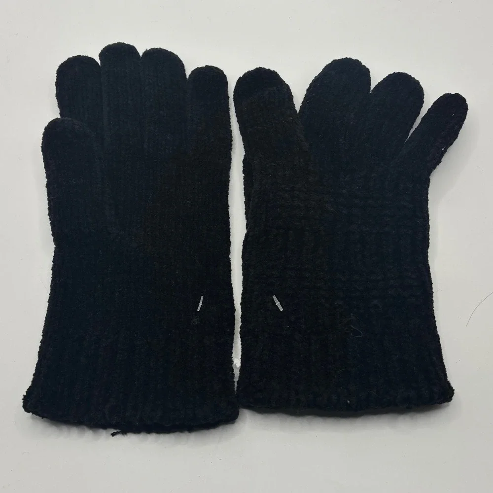 Vintage Black Chenille Knit Gloves Soft Warm Winter Plush‎ Ribbed One Size